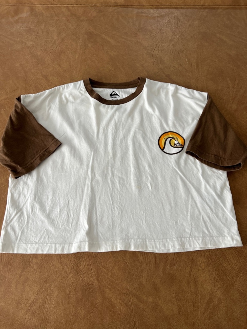 Quiksilver White Tee with Brown Sleeves and Yellow Logo